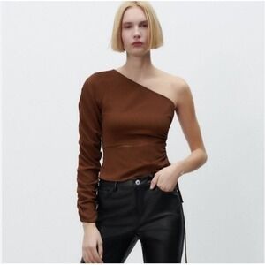 ZARA Asymmetrical Sleeve Cutout Top Womens XS Brown Cropped